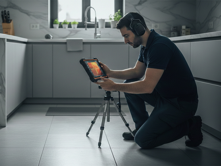 Tecnico MM Idroservice srl esegue la ricerca di una perdita d'acqua in una cucina moderna utilizzando un sistema di diagnostica digitale non invasiva con tablet e sensori acustici.